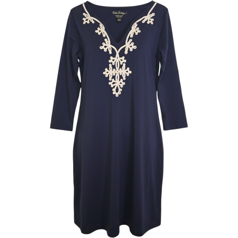 Lilly Pulitzer Navy Pima Cotton Soutache Embroidered Shift Dress Womens Medium